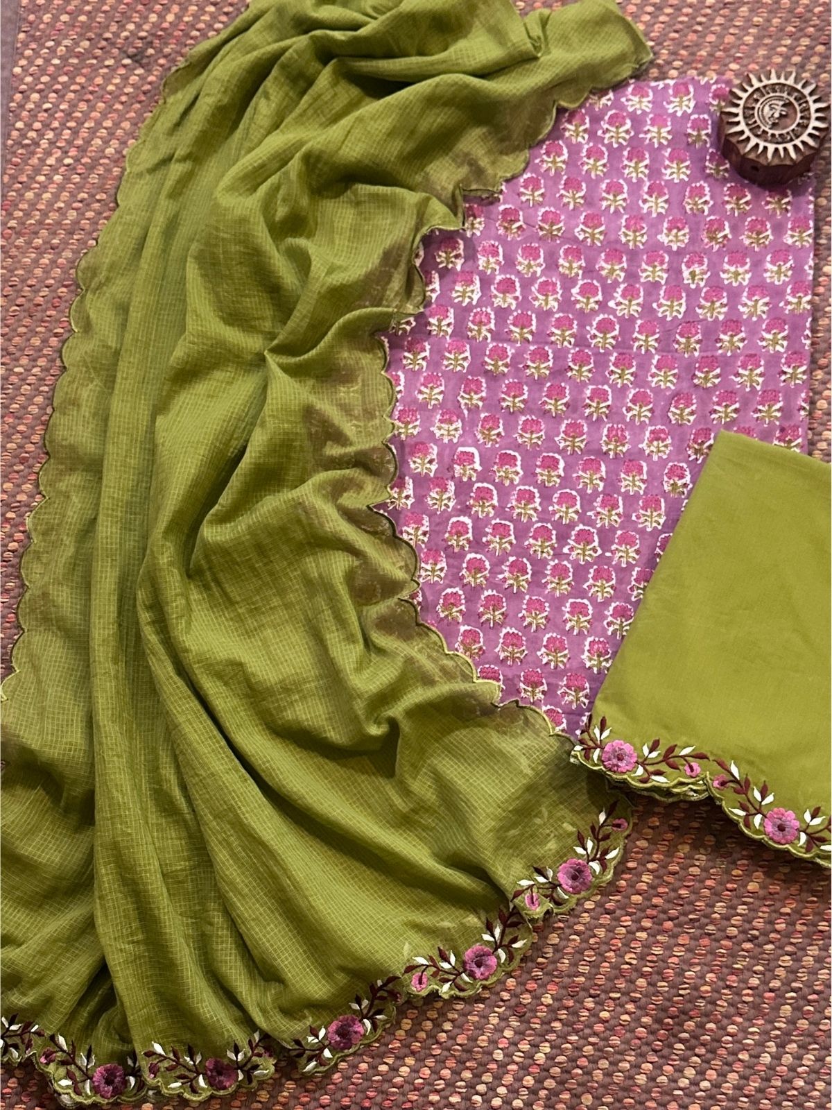 Pure Cotton Hand-block Fabric with Embroidered Bottom & Kota Doria Dupatta