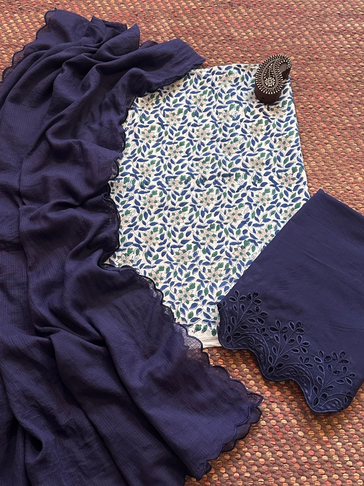 Pure Cotton Hand-blocked Fabric with Cutwork Bottom & Kota Doria Dupatta