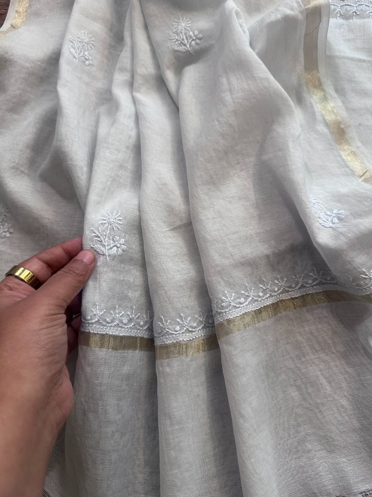 Premium Powder Blue Shade Malmal Maheswari Chikankari Set