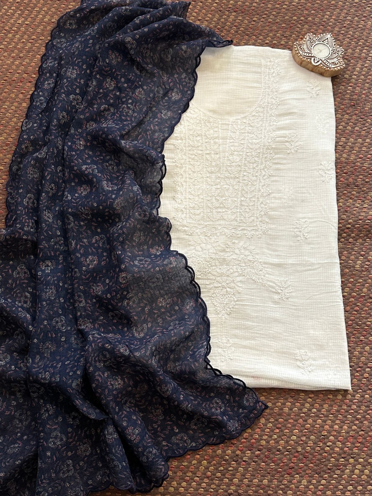 Chikankari Hand Embroidered Fabric with Indigo Hadblocked Kota Dupatta