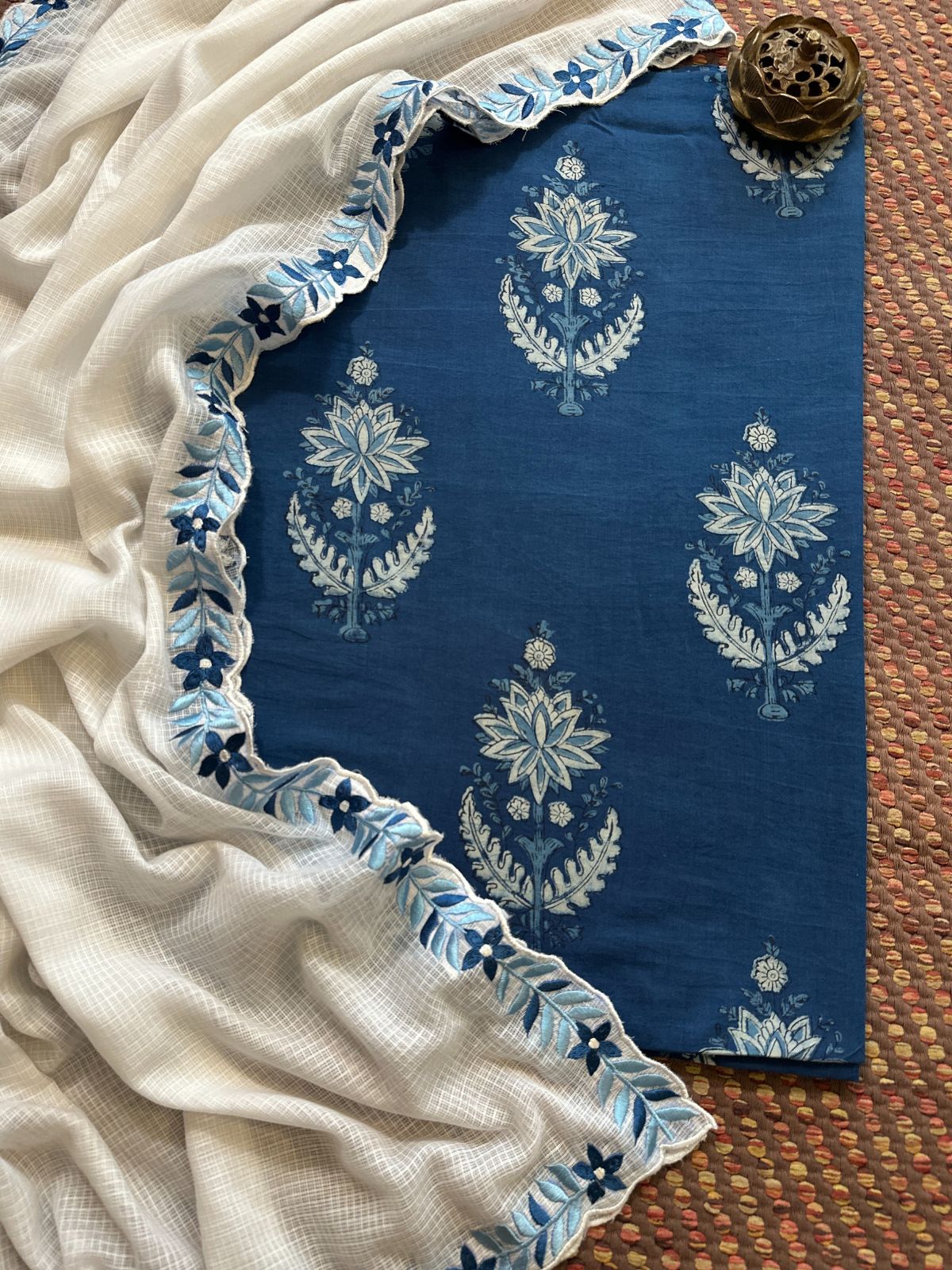 Pure Cotton Hand-blocked Set with Embroidered Dupatta