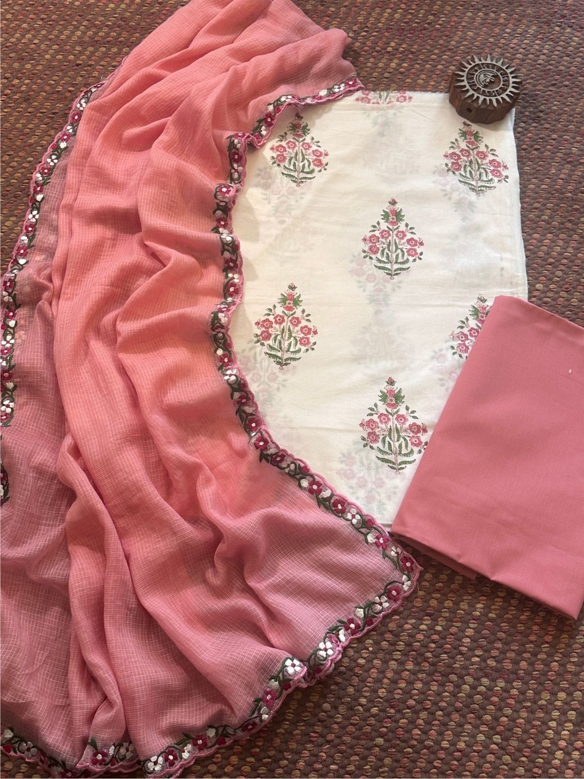 Pure Cotton Hand-blocked fabric set with Embroidered Dupatta