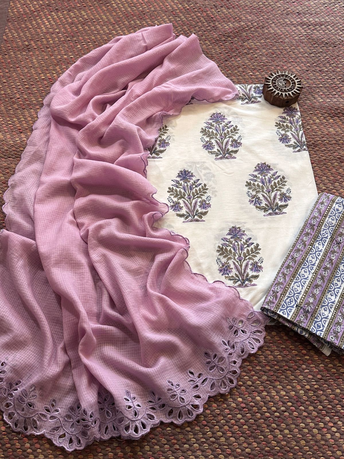 Pure Cotton Hand-block Fabric Set with Embroidered Kota Doria Dupatta