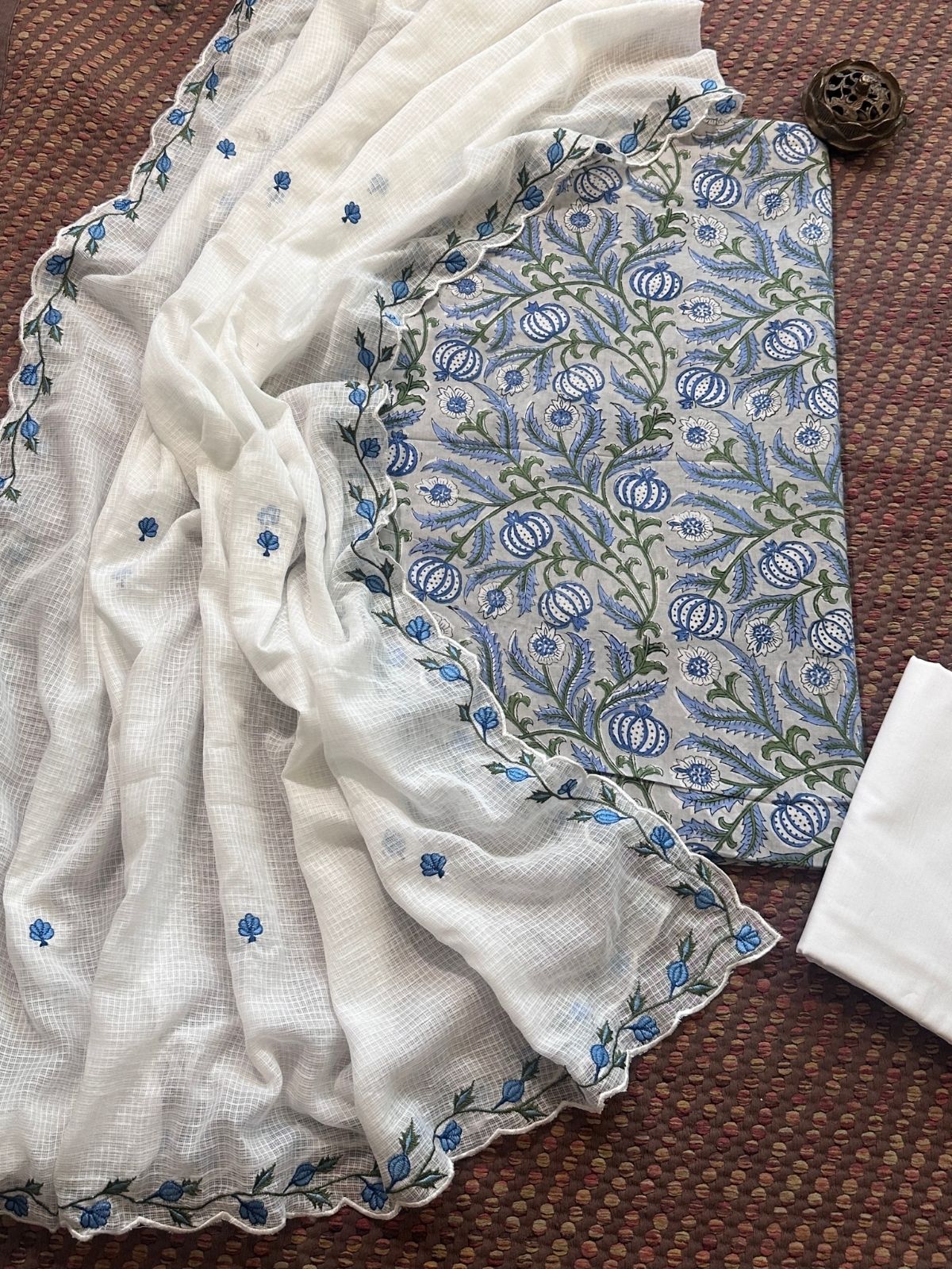 Pure Cotton Hand-blocked fabric set with Embroidered Dupatta