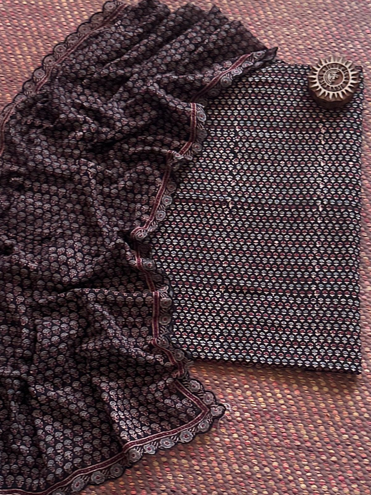 Ajrakh Cotton Malmal Handblocked Set- Top & Dupatta