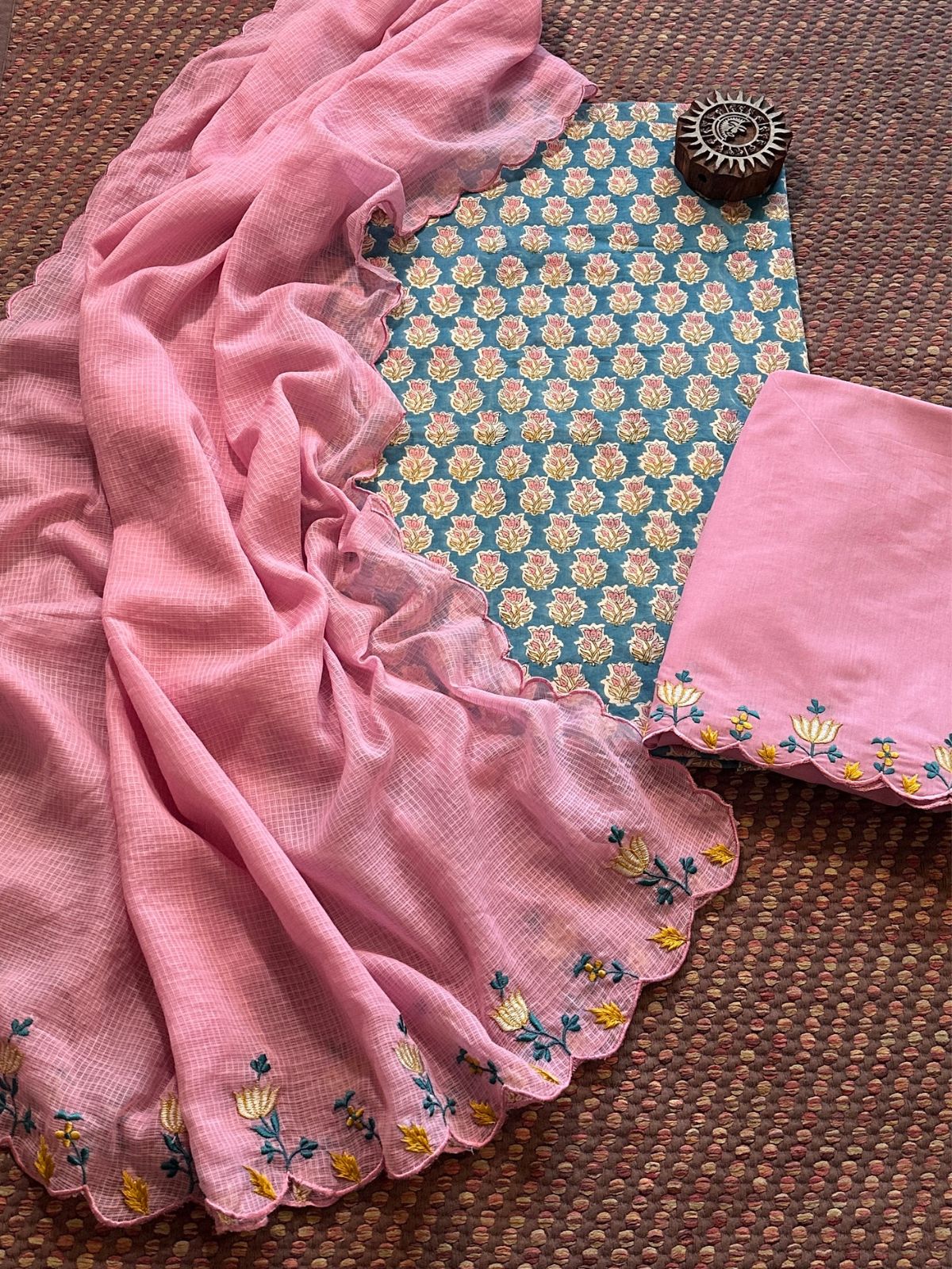 Pure Cotton Hand-block Fabric with Embroidered Bottom & Kota Doria Dupatta