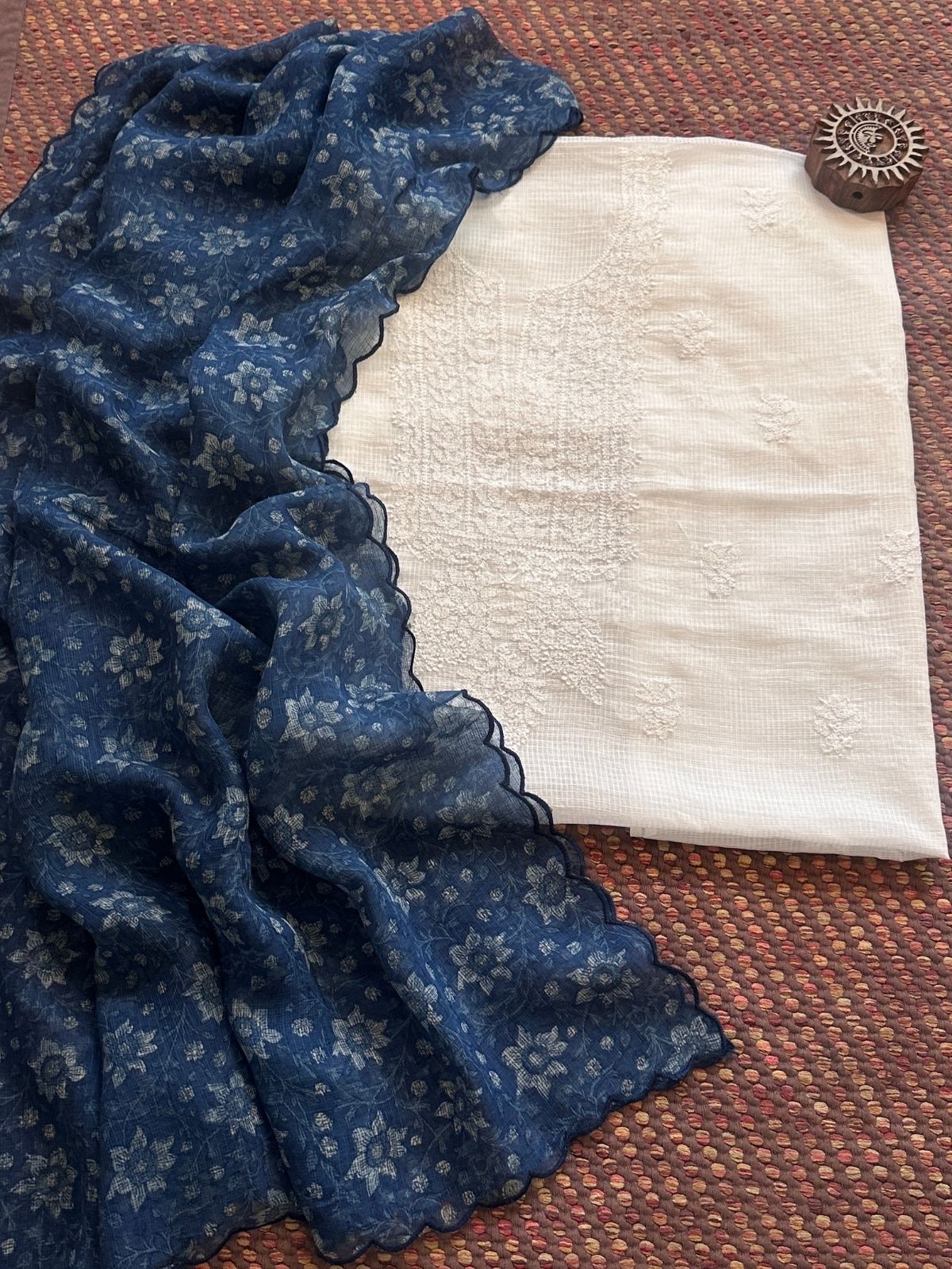 Chikankari Hand Embroidered Fabric with Indigo Hadblocked Kota Dupatta