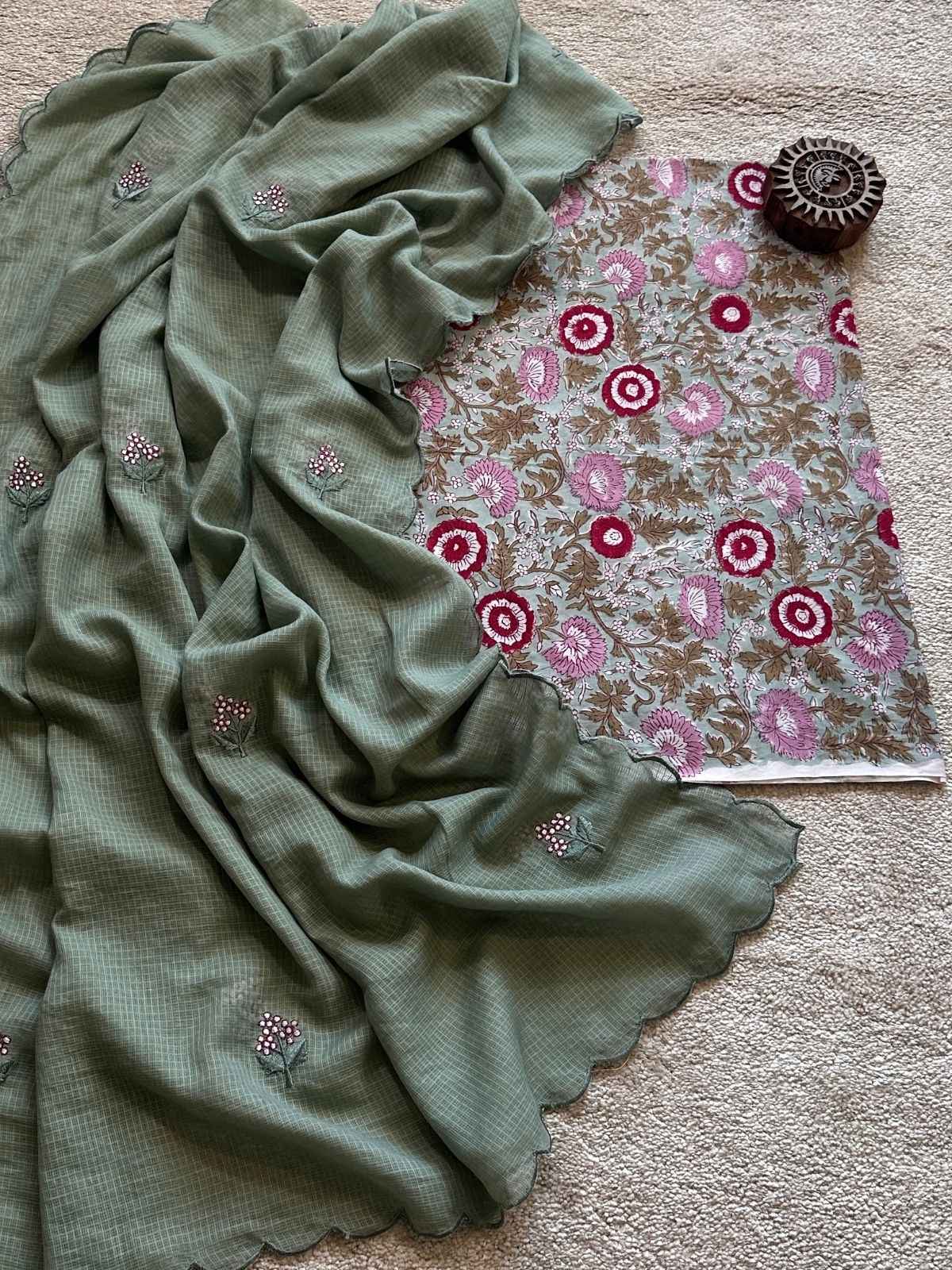 Sage - Hand blocked Fabric with Embroidered Dupatta