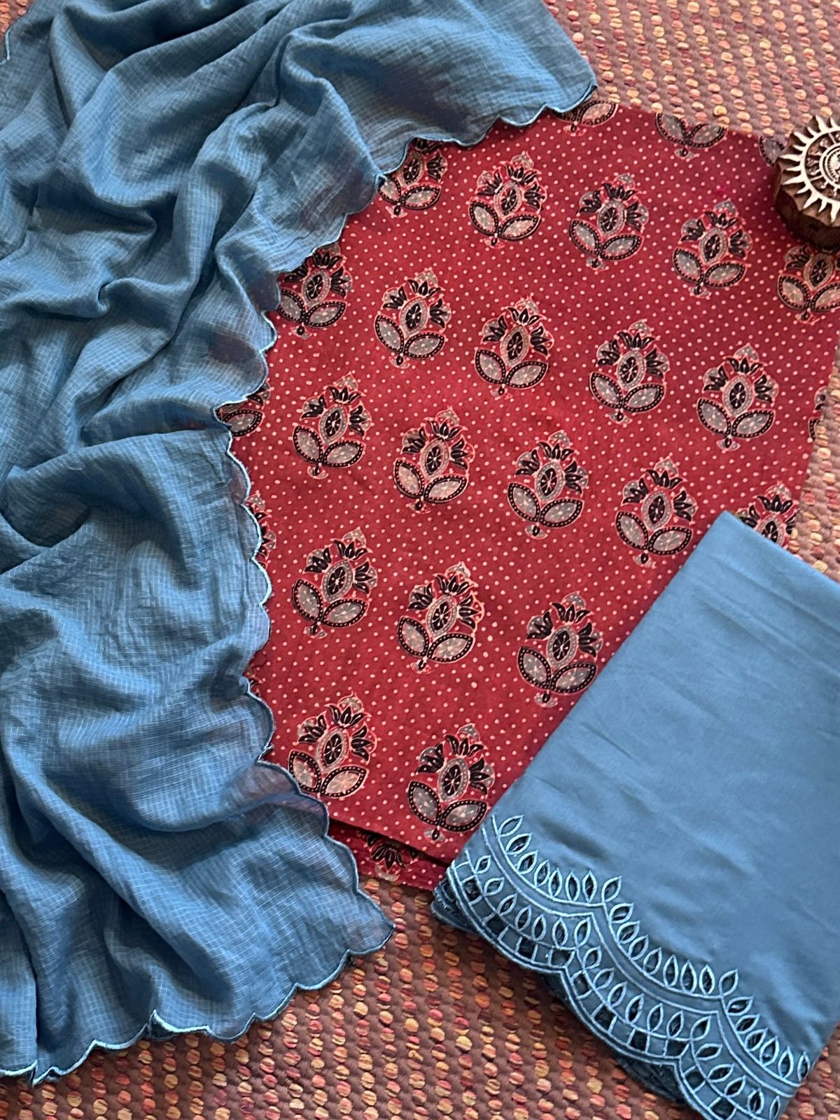 Pure Cotton Mul Ajrak with Scalloped Dupatta & Cutwork Bottom