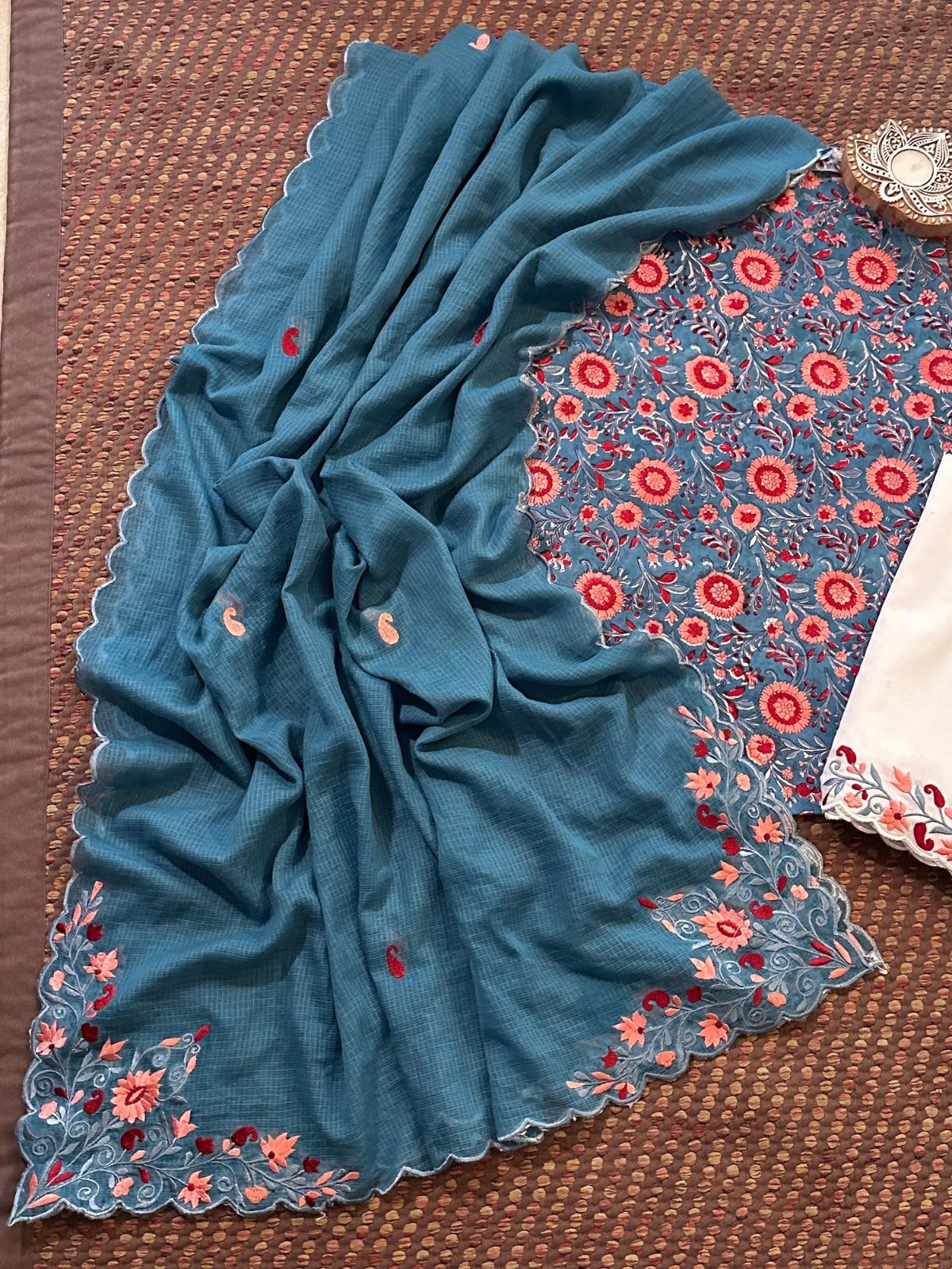 Pure Cotton Hand-block Fabric with Embroidered Bottom & Kota Doria Dupatta