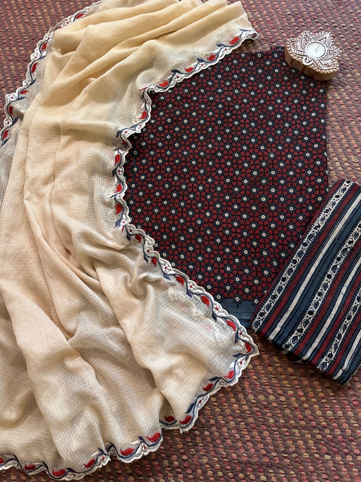 Ajrakh Cotton Malmal Unstitched Set with Embroidered Kota Dupatta