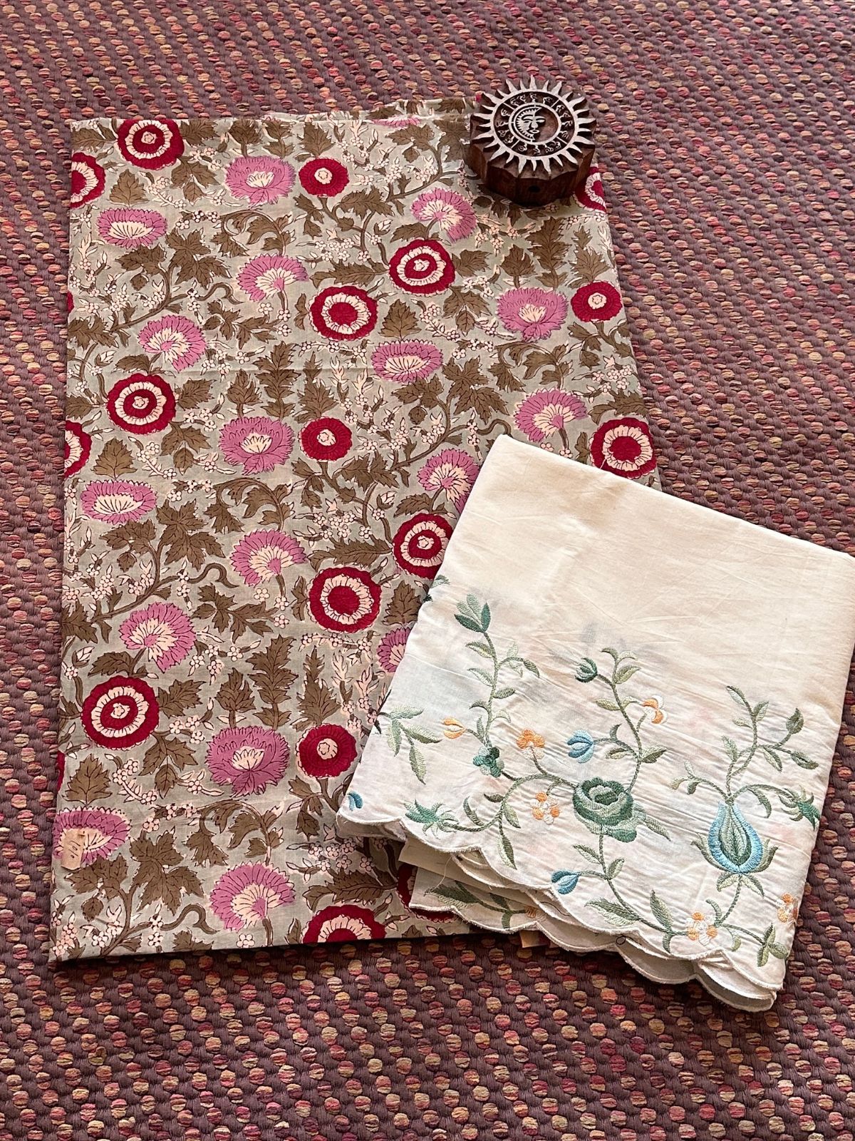 Pure Cotton Hand-blocked Fabric with Embroidered Bottom