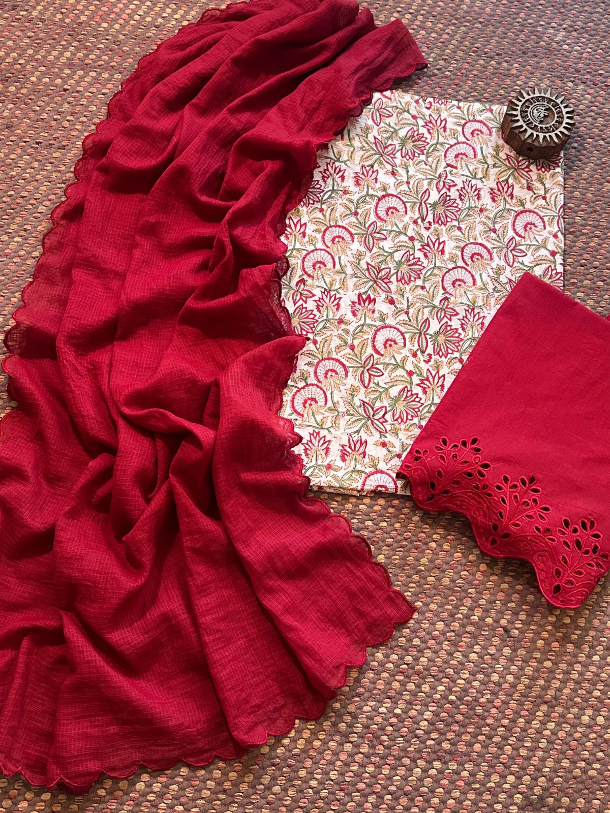 Pure Cotton Hand-blocked Fabric with Cutwork Bottom & Kota Doria Dupatta