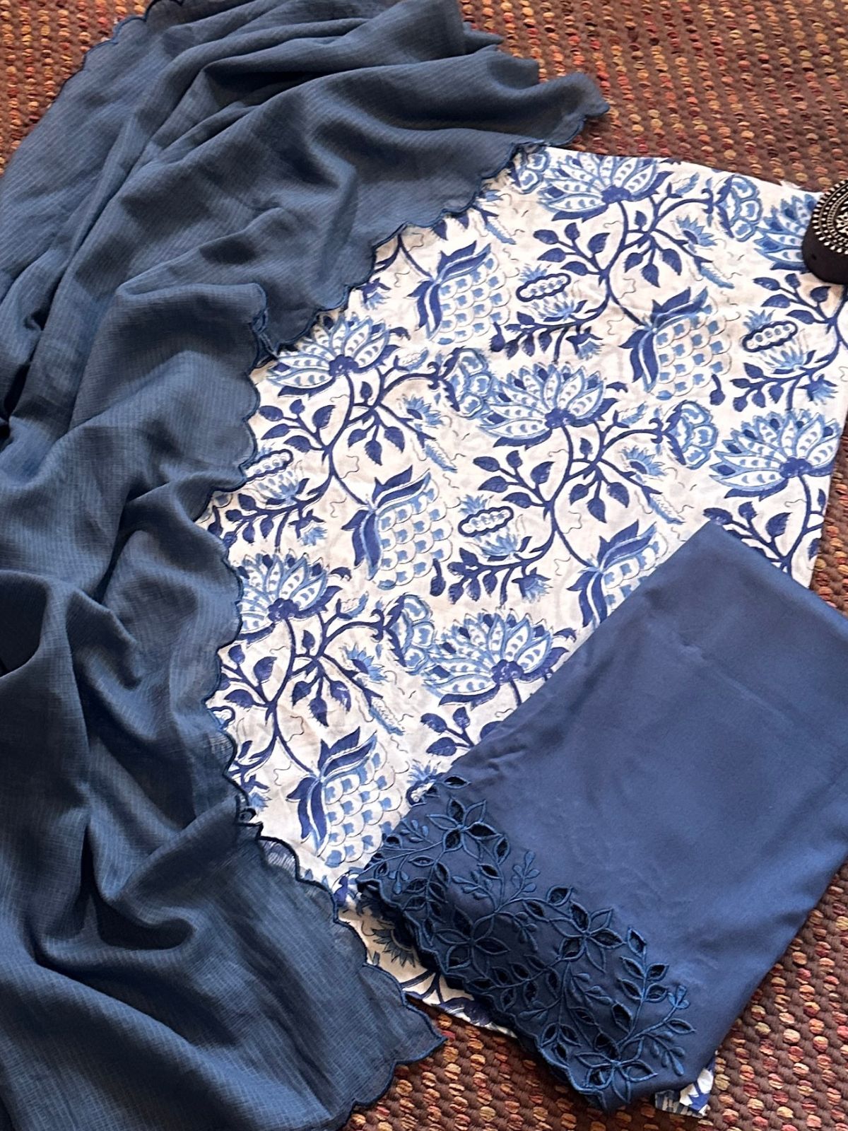 Pure Cotton Hand-blocked Fabric with Cutwork Bottom & Kota Doria Dupatta