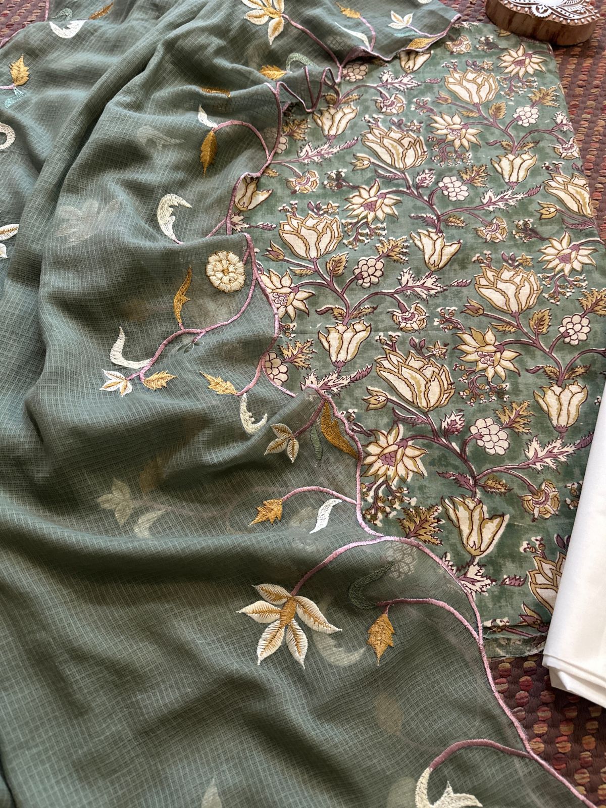 Pure Cotton Hand-blocked Fabric with Embroidered Dupatta