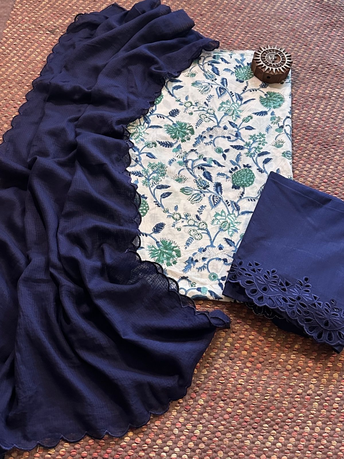 Pure Cotton Hand-blocked Fabric with Cutwork Bottom & Kota Doria Dupatta