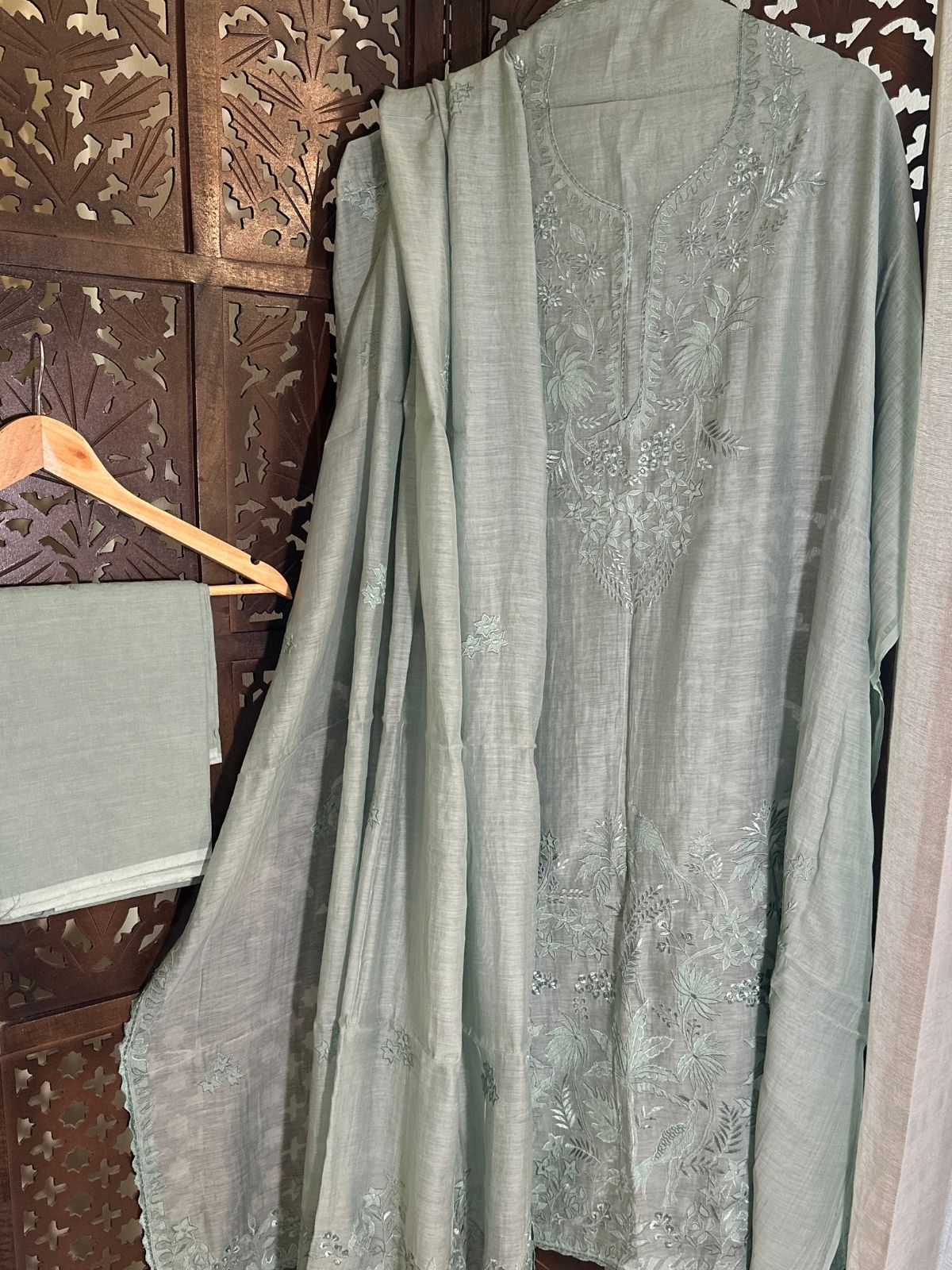 Premium Malmal Maheswari Embroidered Unstitched Set