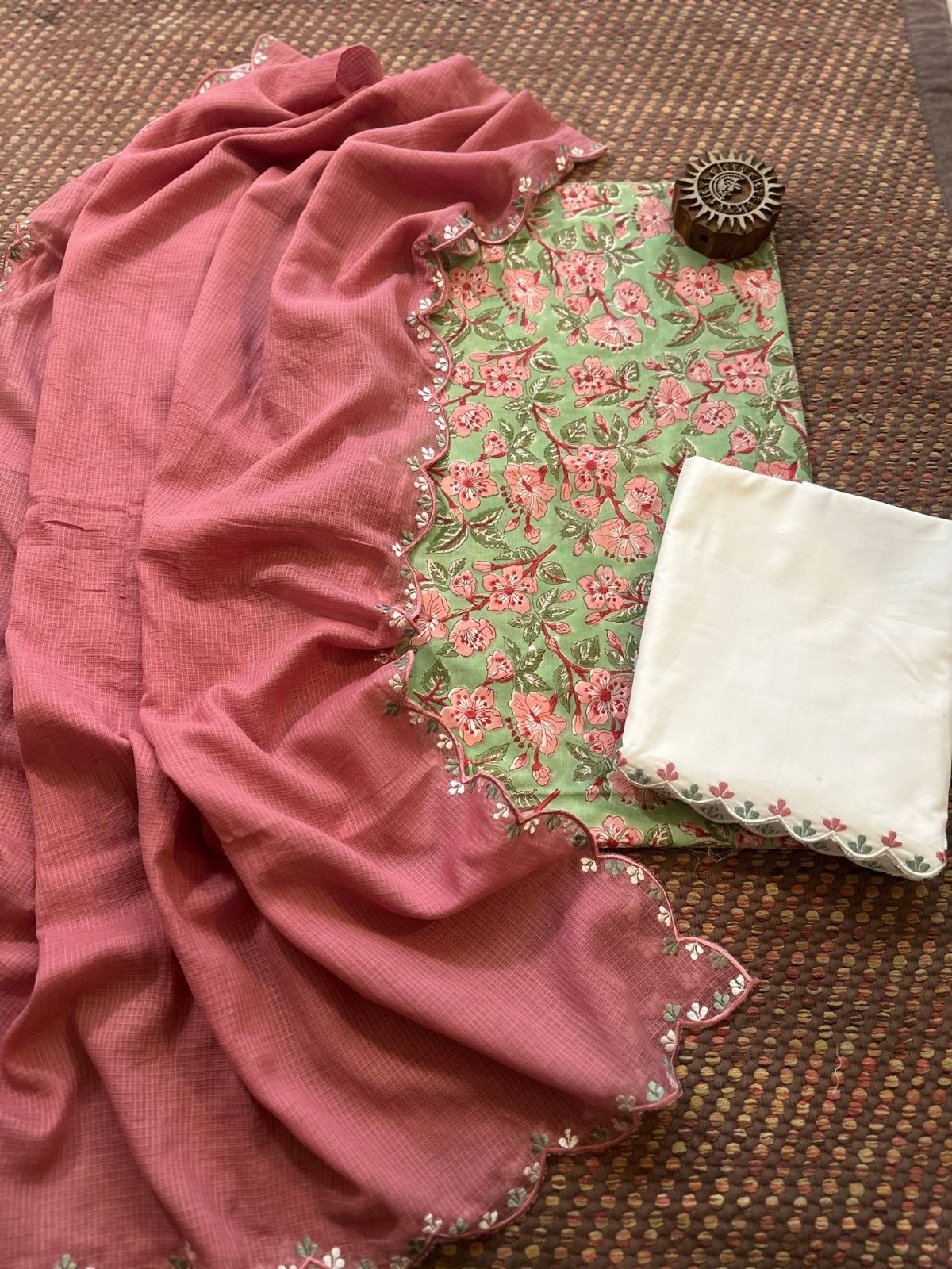 Pure Cotton Hand-block Fabric with Exclusive Embroidered Bottom & Kota Doria Dupatta