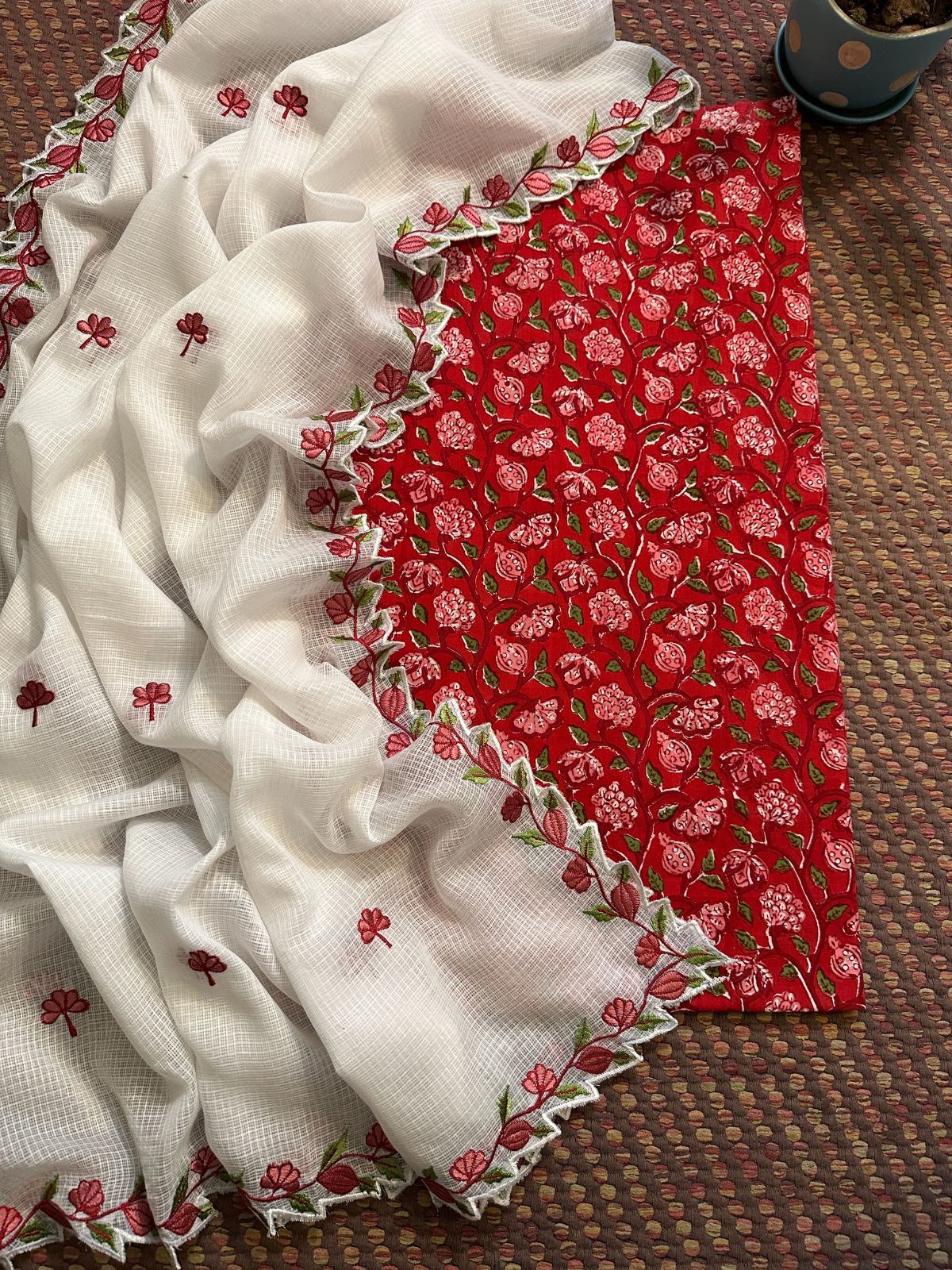 Pure Cotton Hand-blocked fabric with Embroidered Dupatta