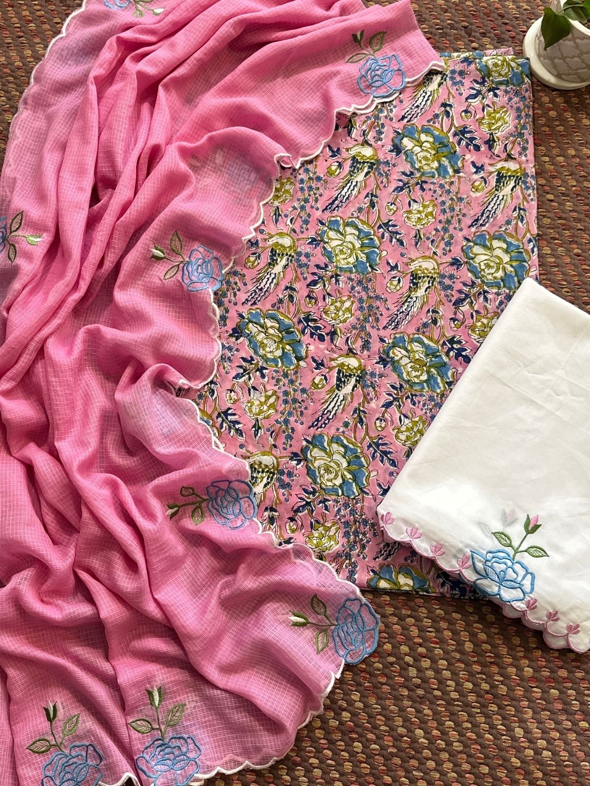 Pure Cotton Malmal Hand-block Fabric with Embroidered Bottom & Kota Doria Dupatta