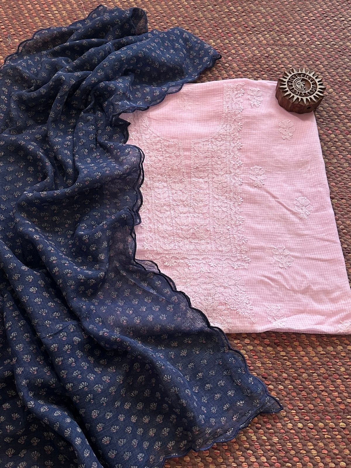 Chikankari Hand Embroidered Fabric with Indigo Hadblocked Kota Dupatta