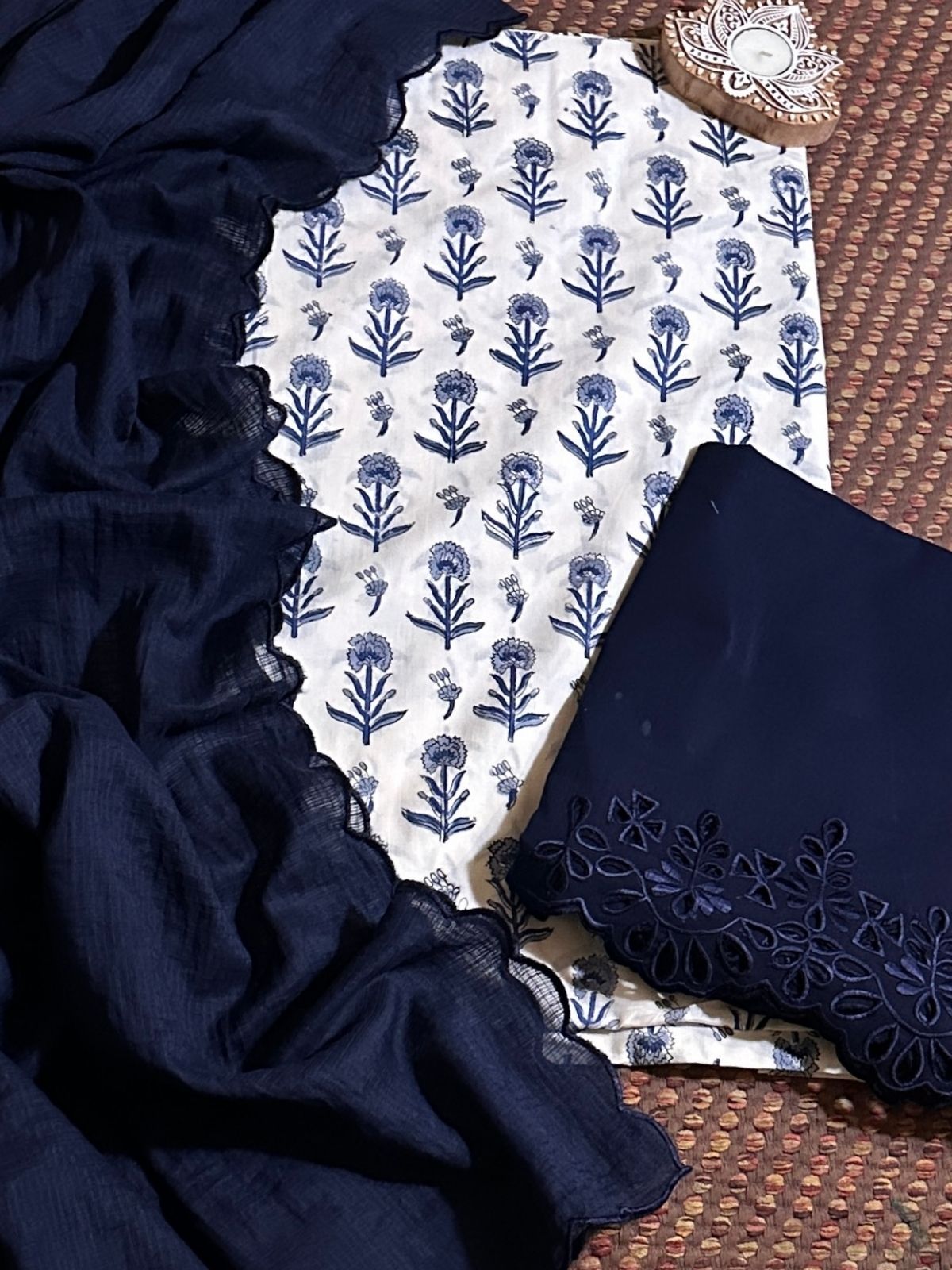 Pure Cotton Hand-blocked Fabric with Cutwork Bottom & Kota Doria Dupatta