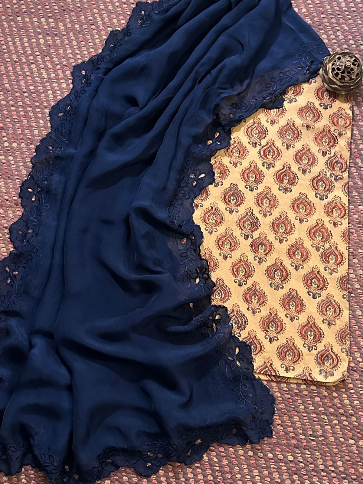 Pure Cotton malmal Handblocked Fabric with Exclusive Cutwork Organza Dupatta