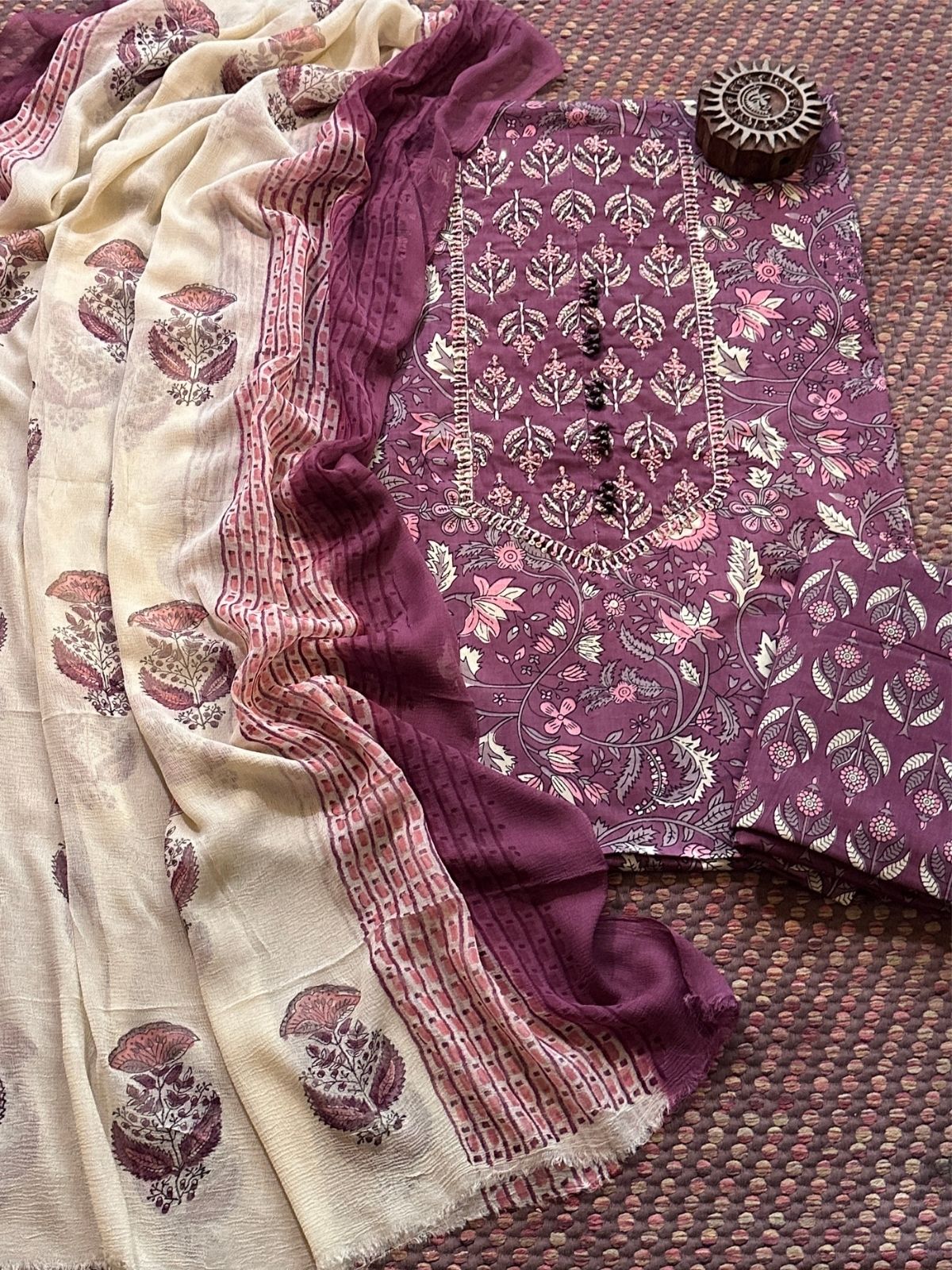 Pure Cotton Handblocked Unstitched Set with pure chiffon Dupatta