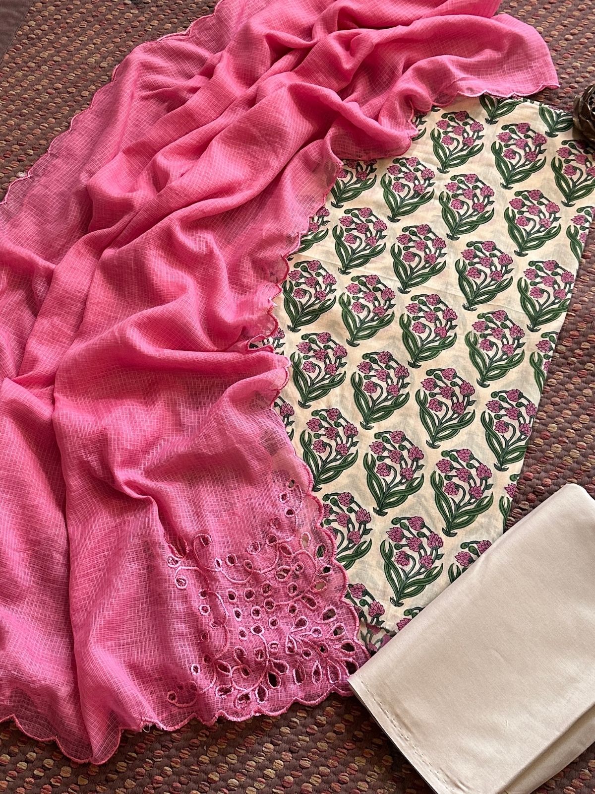 Pure Cotton Hand-blocked Fabric Set with Cutwork Kota Doria Dupatta