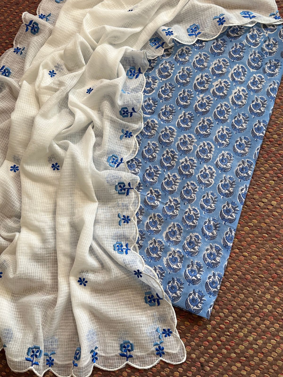 Pure Cotton Handblocked Fabric with Embroidered Dupatta