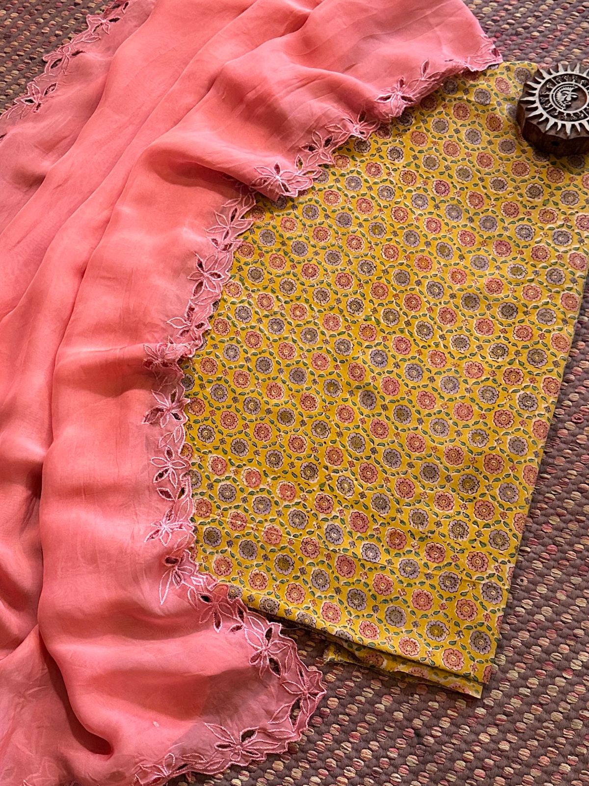 Pure Cotton Malmal Handblocked Fabric with Exclusive Cutwork Organza Dupatta