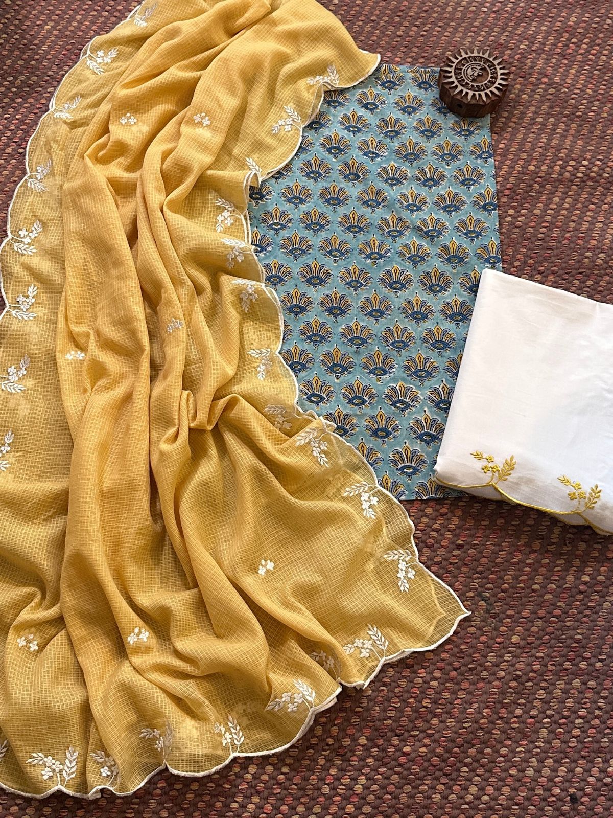 Pure Cotton Malmal Hand-block Fabric with Embroidered Bottom & Kota Doria Dupatta