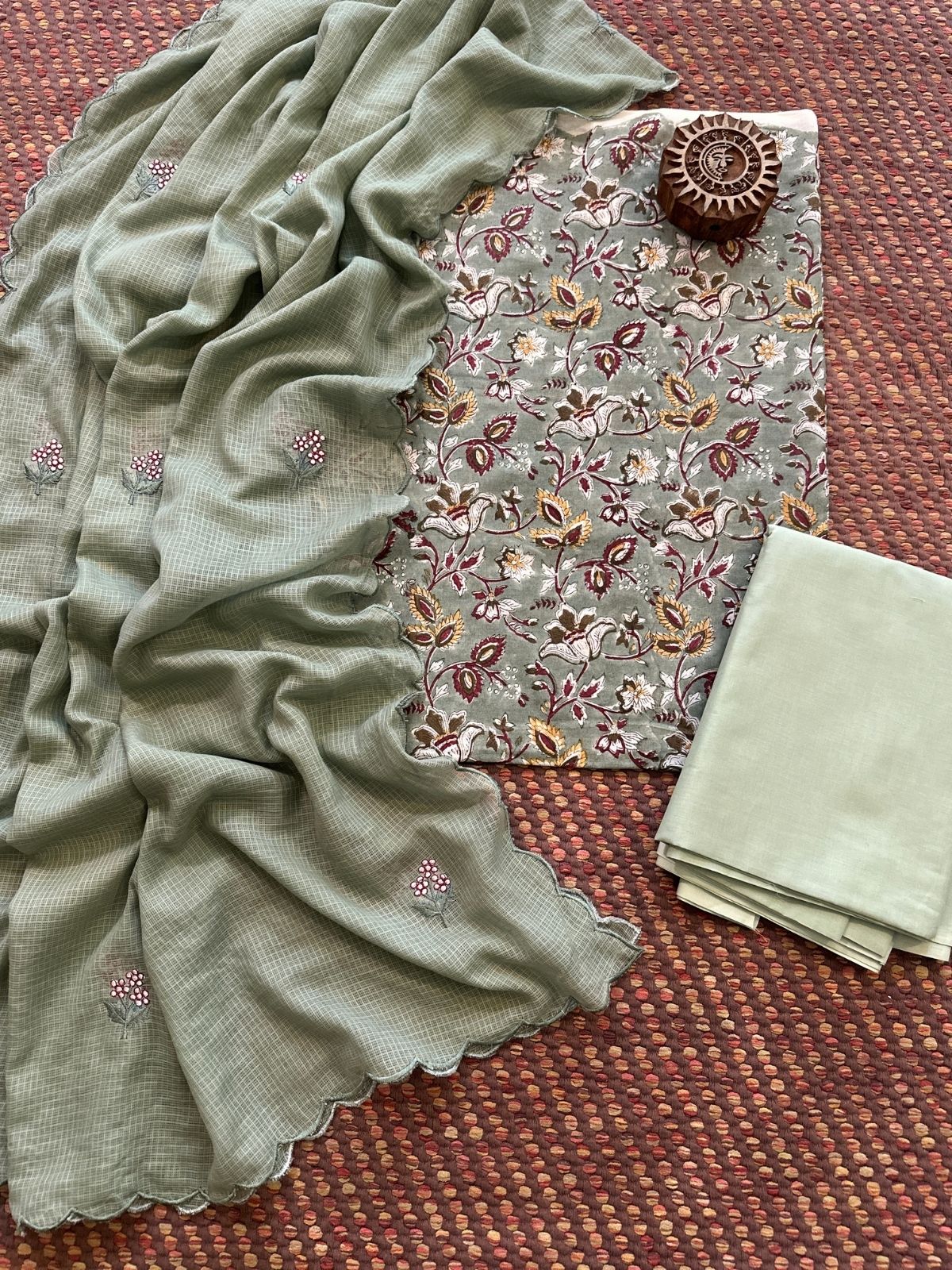 Pure Cotton Hand blocked Set with Embroidered Dupatta