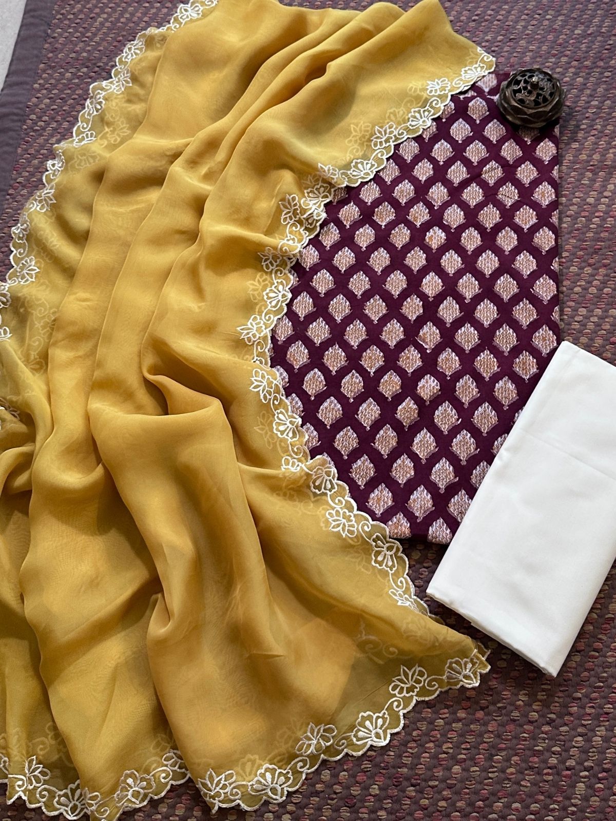 Pure Cotton Hand-blocked Fabric with Exclusive Organza Dupatta