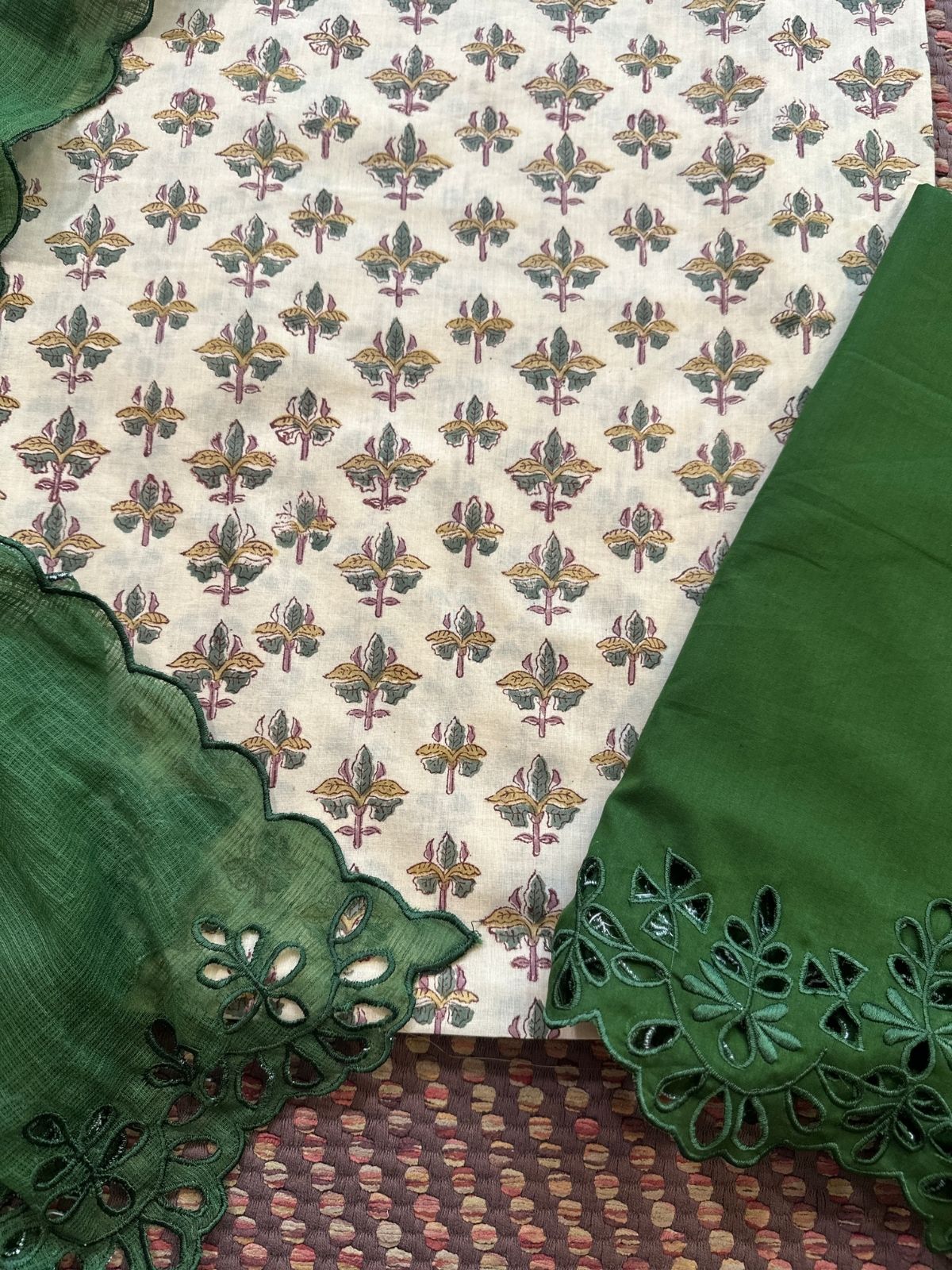 Pure Cotton Hand-blocked Fabric with Cutwork Bottom & Kota Doria Dupatta