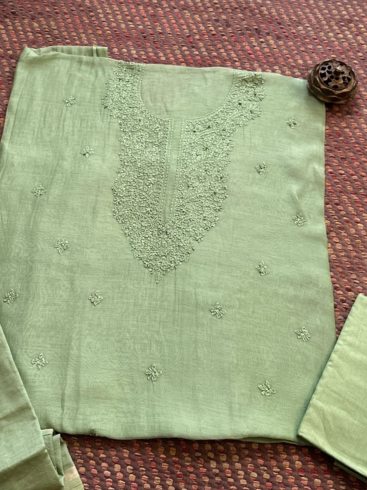 Premium Subtle Green Shade Malmal Maheswari Chikankari Set