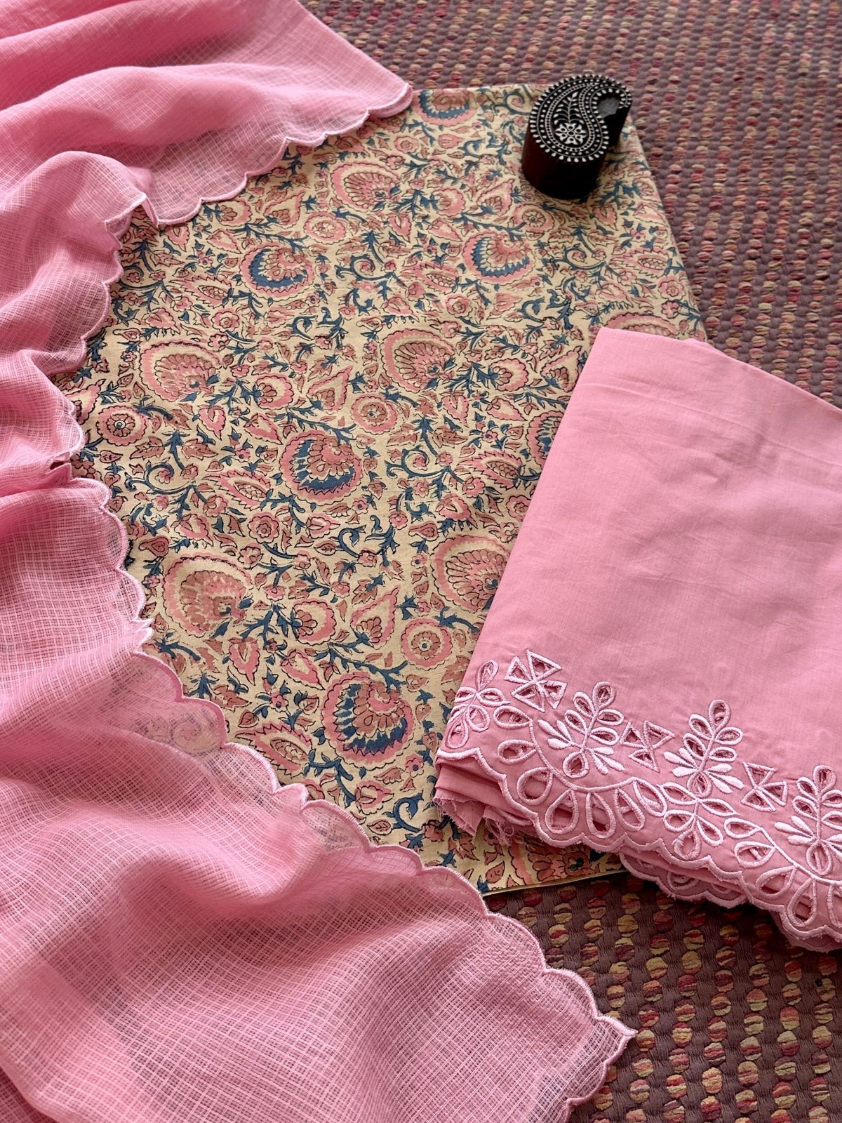 Pure Cotton Hand-blocked Fabric with Cutwork Bottom & Kota Doria Dupatta