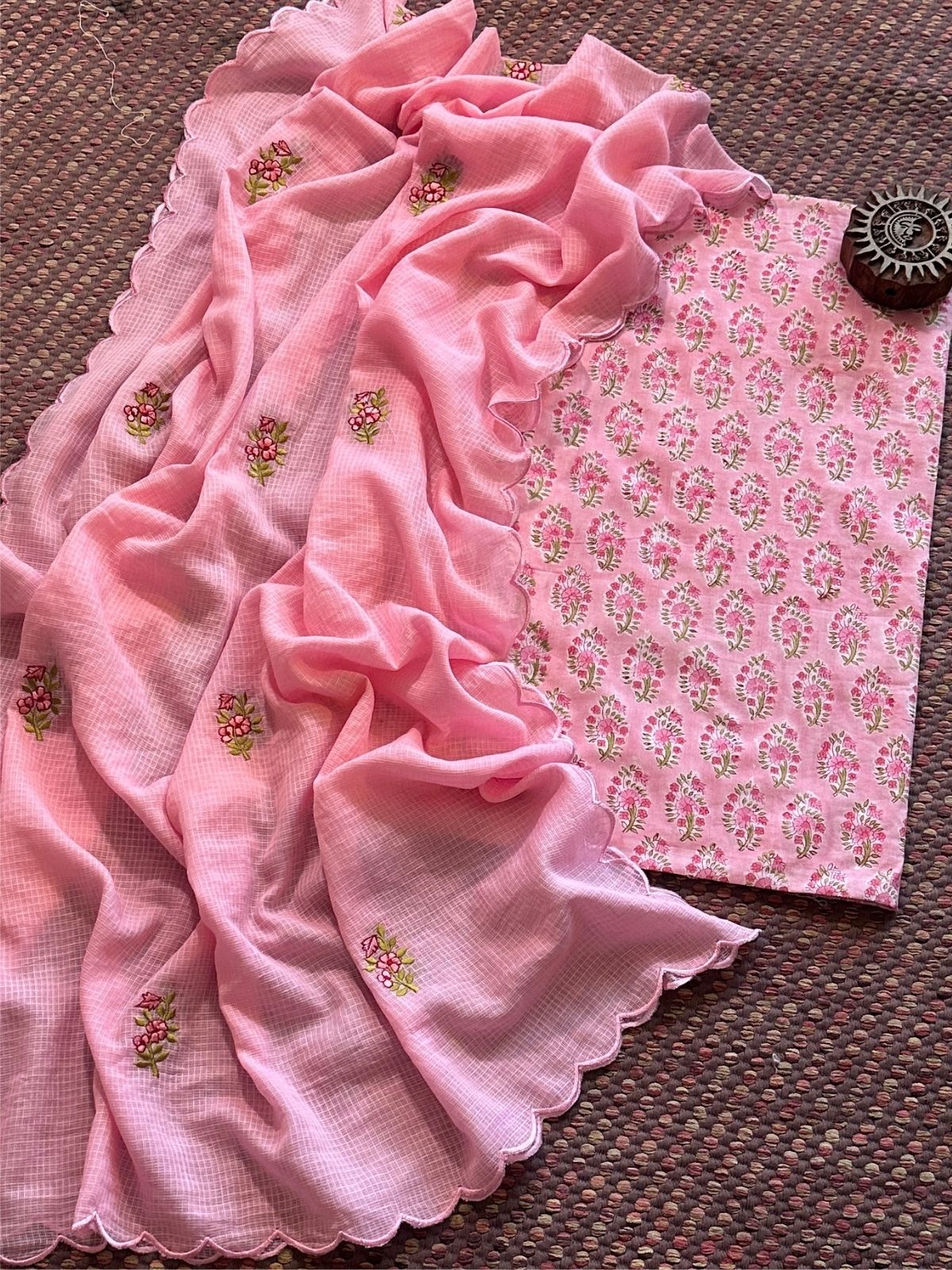 Pure Cotton Hand-blocked fabric with Embroidered Dupatta
