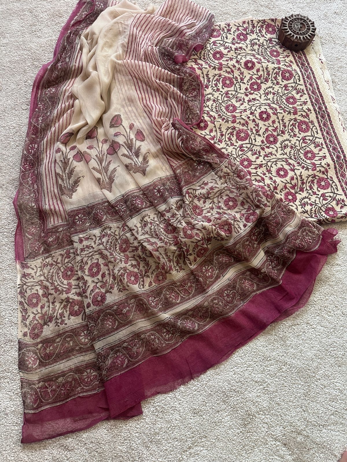 Pure Cotton Handblocked Unstitched Set with pure chiffon Dupatta
