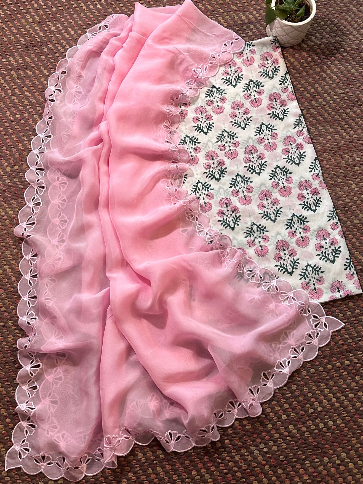 Pure Cotton Handblocked Fabric with Exclusive Cutwork Organza Dupatta