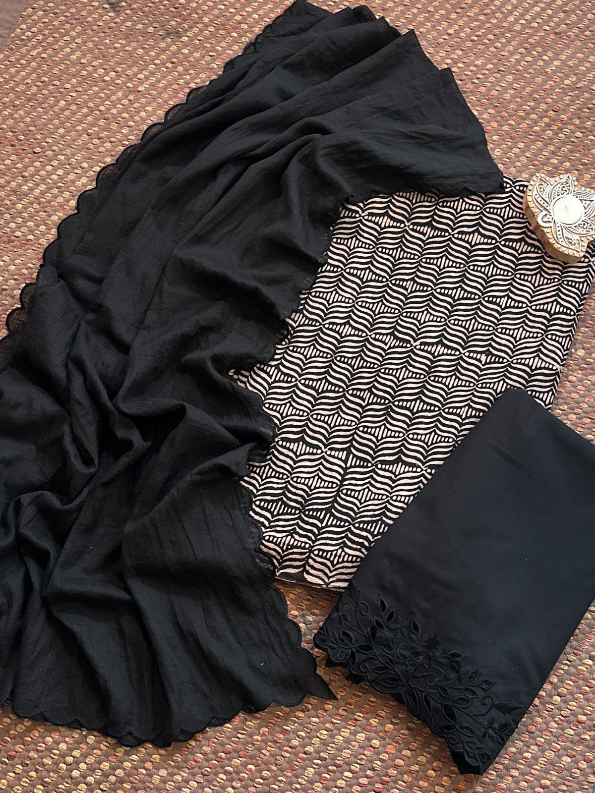 Pure Cotton Mul Ajrak with Scalloped Dupatta & Cutwork Bottom