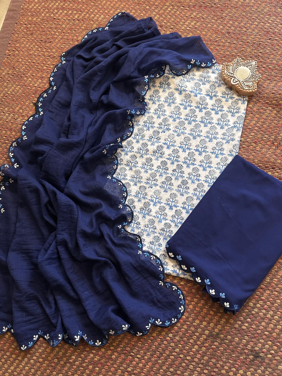 Pure Cotton Hand-block Fabric with Exclusive Embroidered Bottom & Kota Doria Dupatta