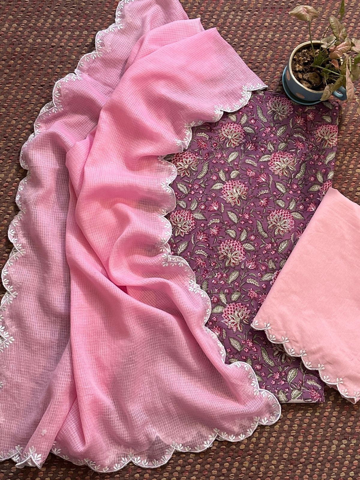 Pure Cotton Handblocked Fabric with Embroidered Dupatta & Bottom