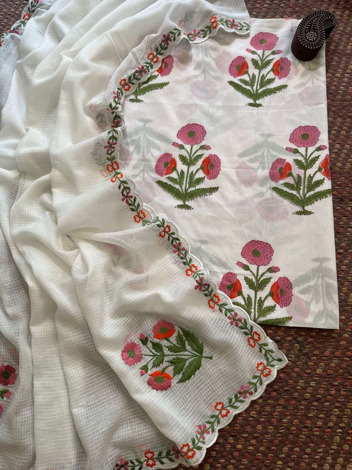 Pure Cotton Handblock Fabric with Exclusive Embroidered Dupatta