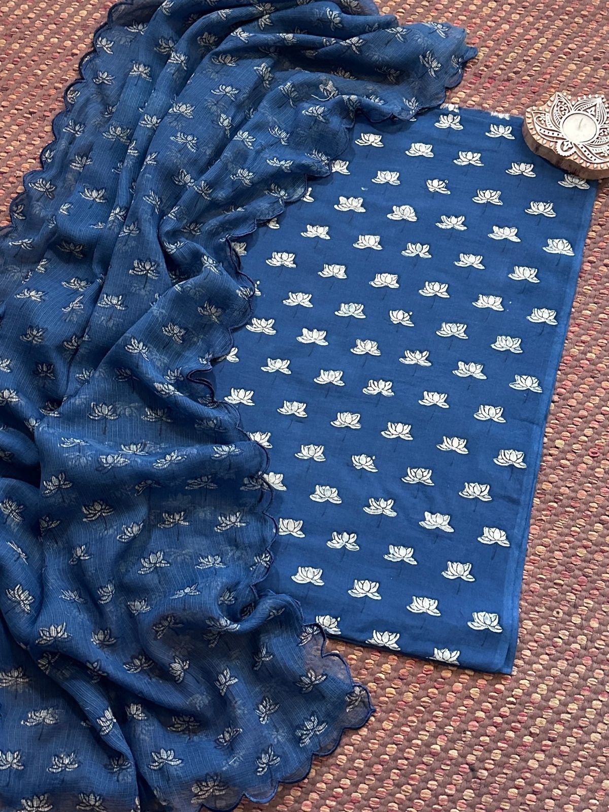 Indigo Pure Cotton Handblocked Fabric with Kota Doria Dupatta Set