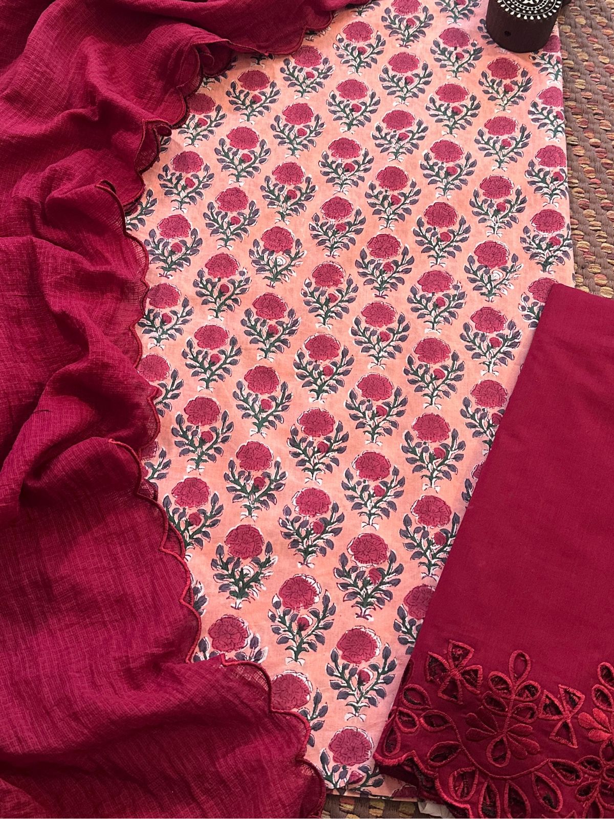 Pure Cotton Hand-blocked Fabric with Cutwork Bottom & Kota Doria Dupatta
