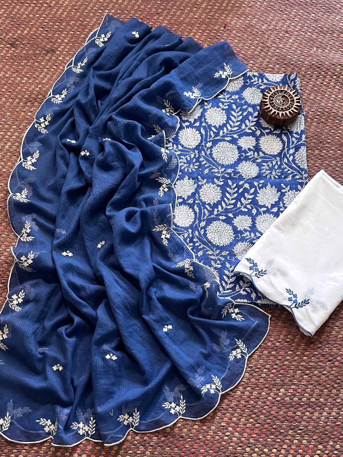 Pure Cotton Hand-block Fabric with Embroidered Bottom & Kota Doria Dupatta