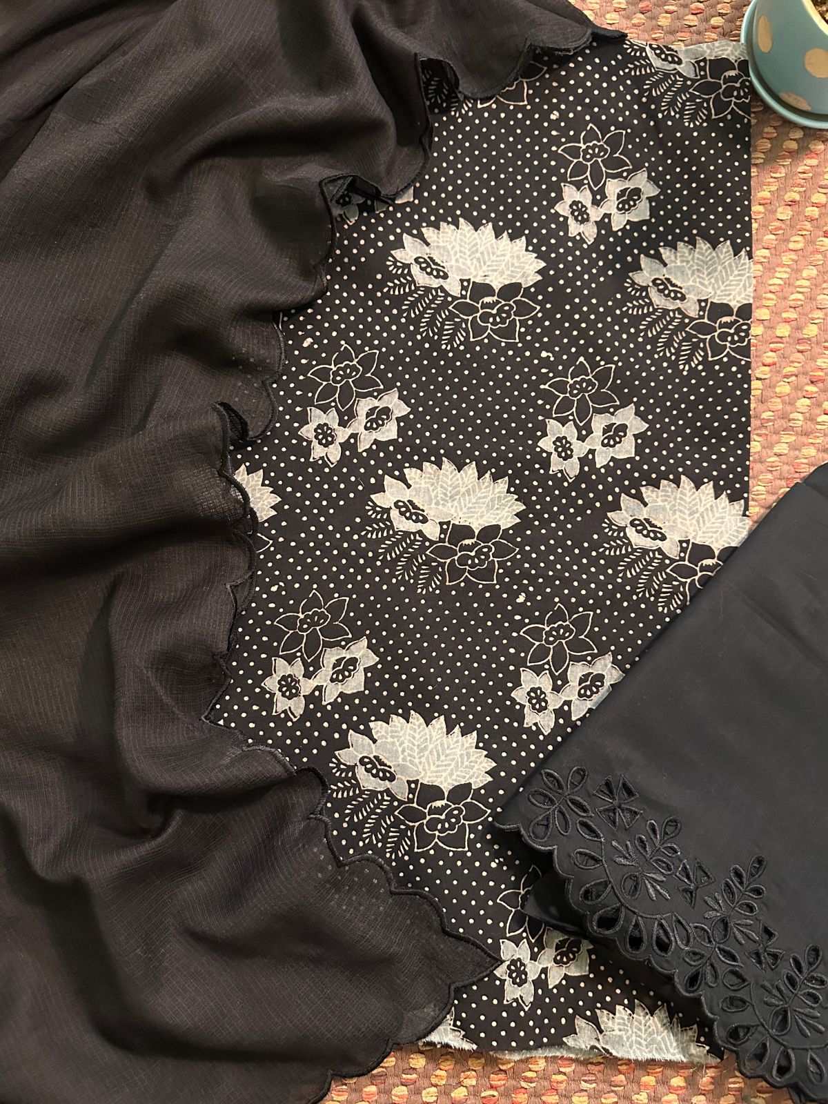 Pure Cotton Malmal  AjFabric with Exclusive Cutwork Bottom & Kota Doria Dupatta