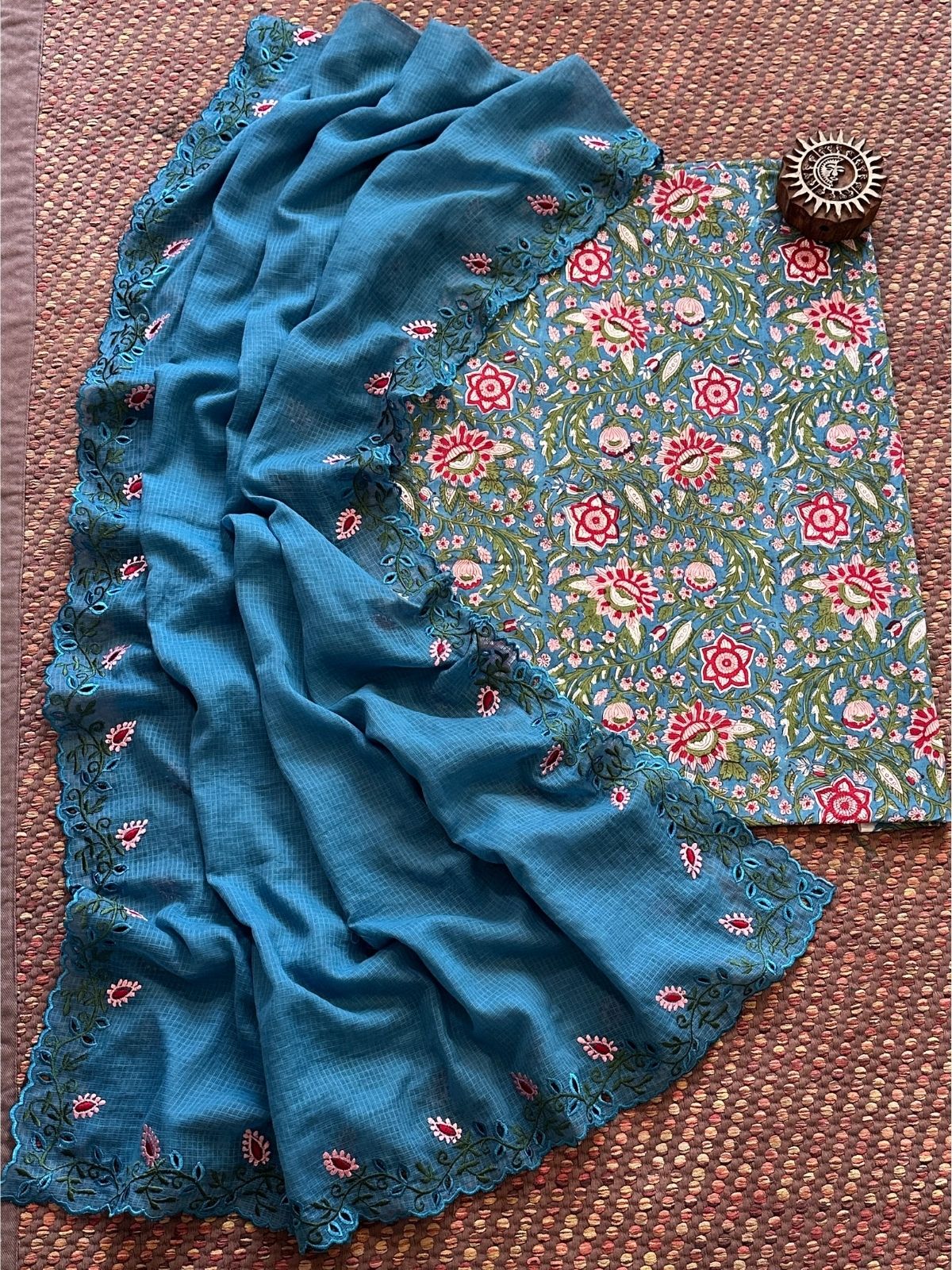 Pure Cotton Handblock Fabric with Cutwork Embroidered Dupatta