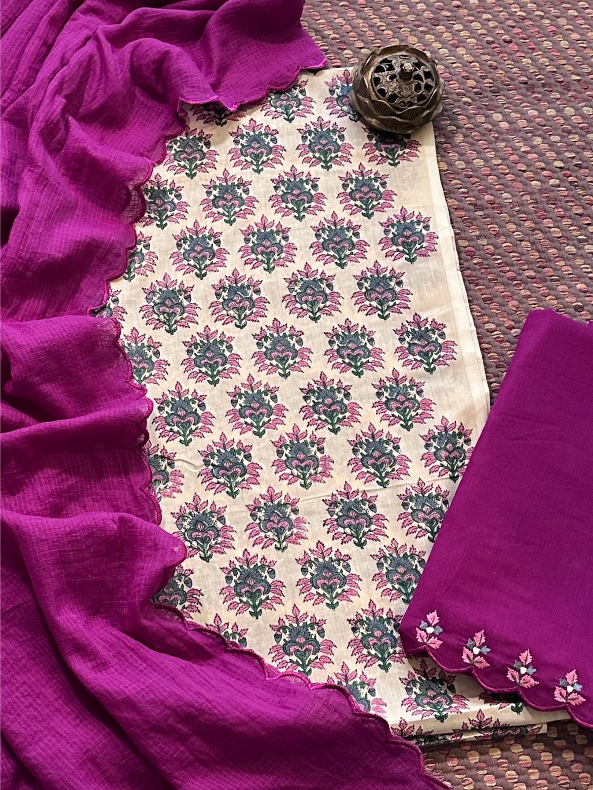 Pure Cotton Malmal Handblocked Unstitched Set